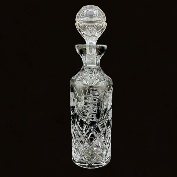 Etched Fuchsia Flower Faceted Cross Hatch HEAVY Crystal Liquor Decanter &Stopper - Picture 1 of 16